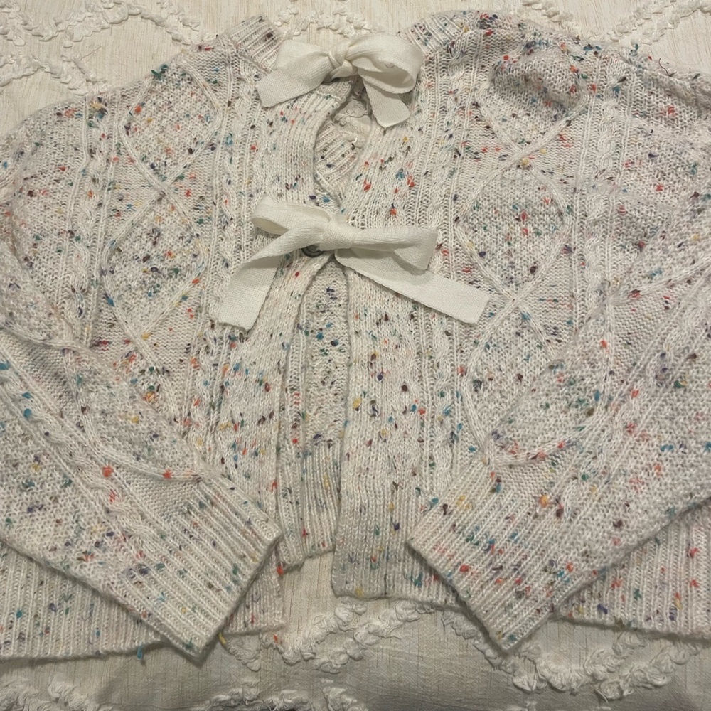 Neely Cream and Multicolor Cable Knit Sweater with Open Back Bow Detail Size S